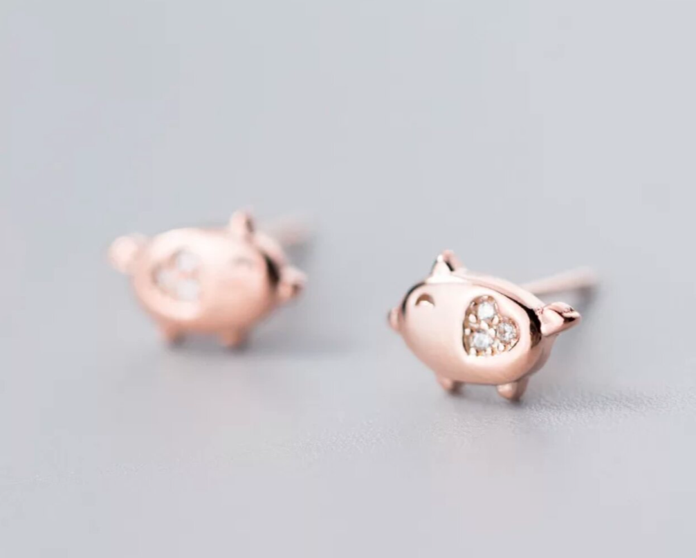 Petite Piggy Earrings with heart and stones