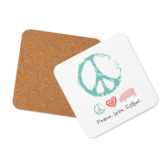 NEW-Peace. Love. Esther -Cork-back coaster